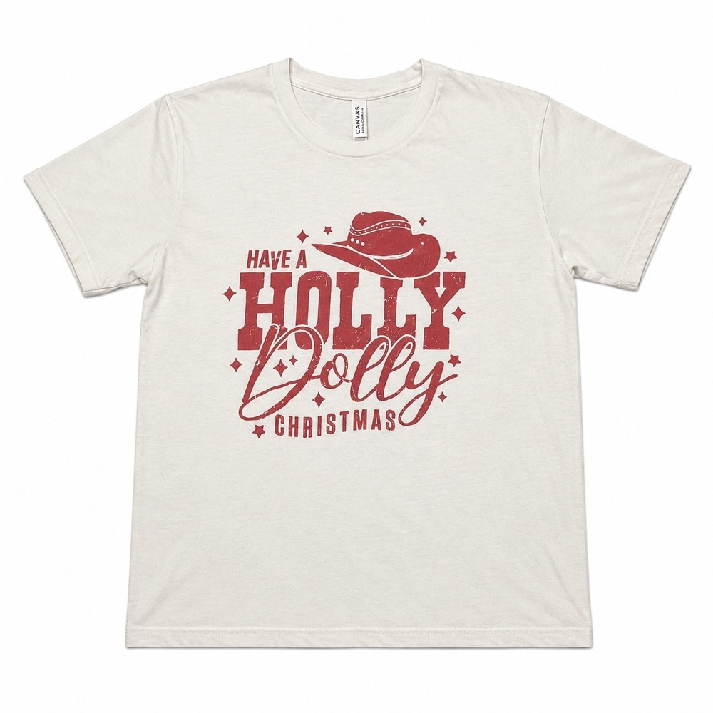 Canvas Have a Holly Dolly Christmas Graphic T-Shirt Cream Red Cowboy Hat Tee